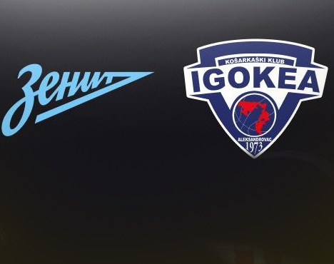 Логотипы спортивных клубов: слева Зенит с текстом в голубых тонах, справа Igokea с сине-белым щитом и картой мира, ниже год 1973