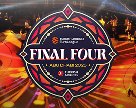 Логотип баскетбольного турнира Turkish Airlines EuroLeague Final Four 2025 на фоне с яркими огнями и сценой, проходящего в Абу-Даби